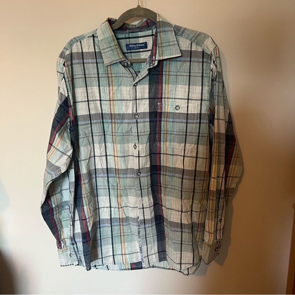 Tommy Bahama Men's Blue and Green Plaid Shirt